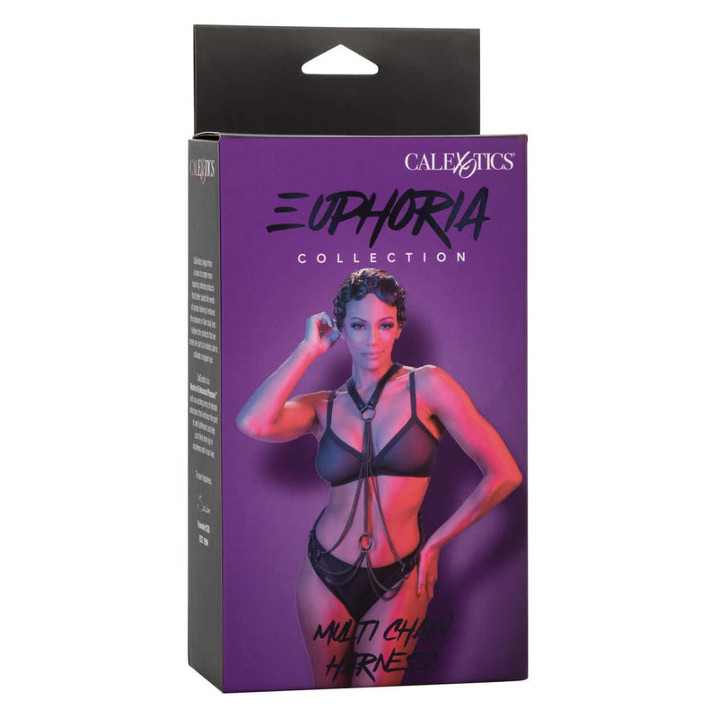 Euphoria Collection Multi Chain Harness in packaging featuring an adjustable cross back design and bold, modern allure.