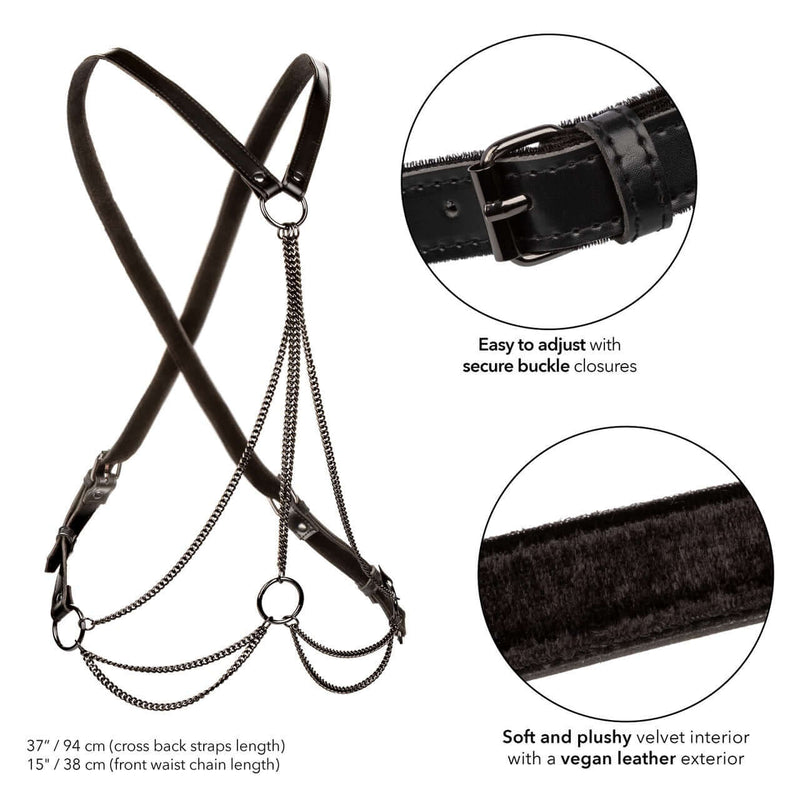Euphoria Collection Multi Chain Harness with adjustable cross back design, featuring soft vegan leather and secure buckle closures