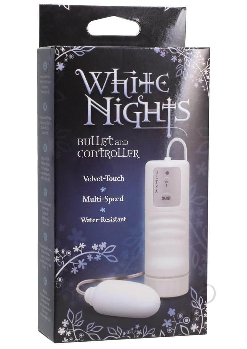 White Nights Velvet Touch Bullet and Controller Packaging with Multi-Speed and Water-Resistant Features