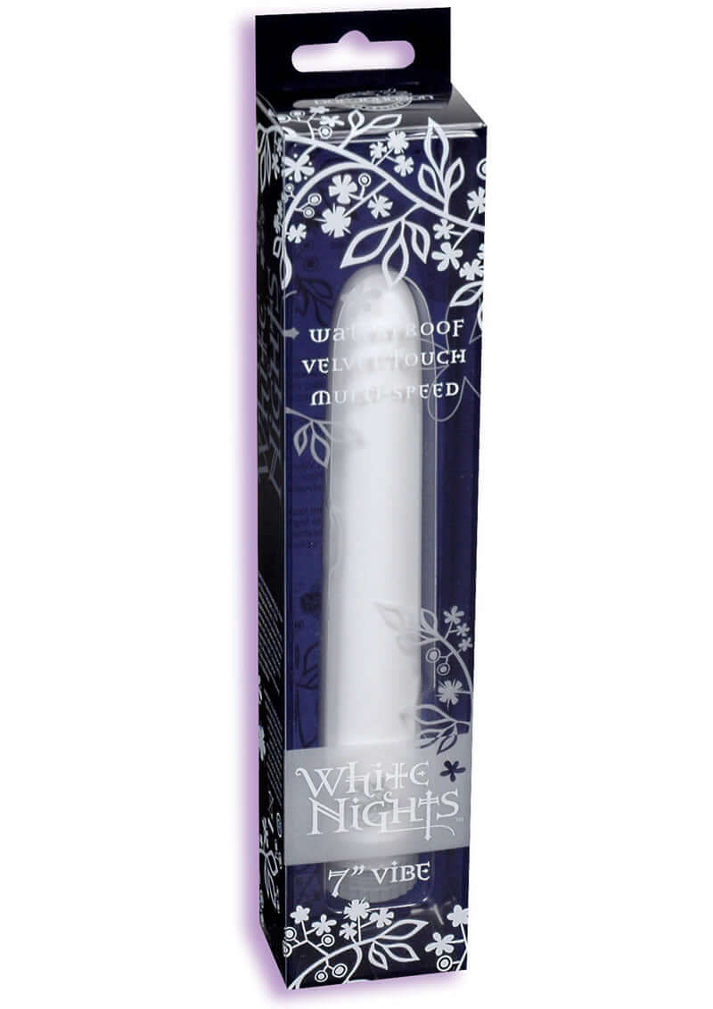 White Nights 7 Velvet Touch vibrator in elegant black and white packaging, featuring waterproof and multi-speed capabilities.