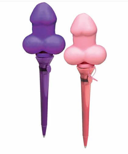 Super Fun Popping Penis Pen 12-Piece Display featuring purple and pink novelty pens.