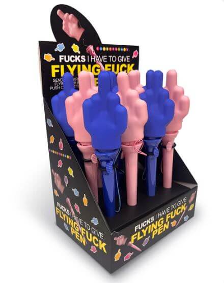 Fucks I Have To Give Flying Fuck Pen 12-Piece Display featuring colorful pens with flying middle fingers.