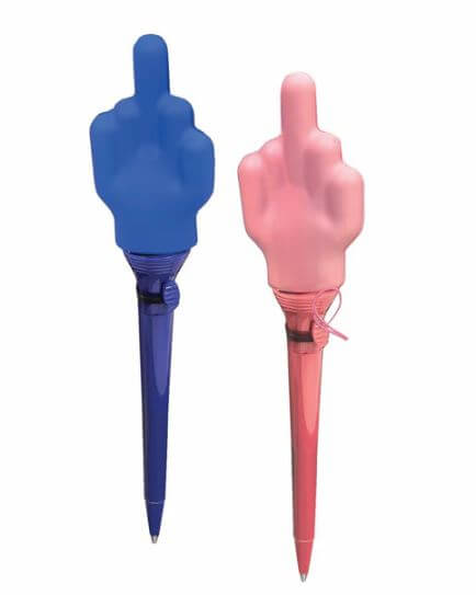 Fucks I Have To Give Flying Fuck Pen 12-Piece Display featuring blue and pink flying middle finger pens.
