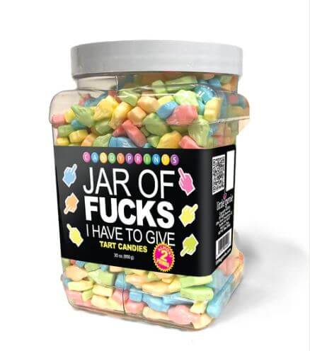 Jar of Fucks I Have to Give Candy 2 lbs packed with colorful tart candies in a clear jar.