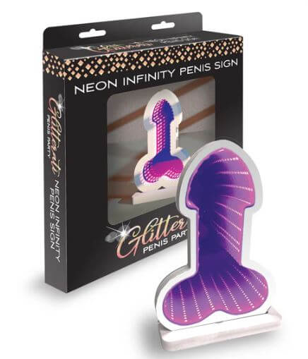 Neon Infinity Penis Light Sign Glitterati displayed in packaging, featuring a playful and colorful neon design.