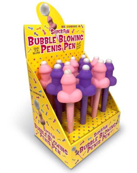 Super Fun Bubble Blowing Penis Pen 12-Piece Display featuring colorful novelty pens in pink and purple.