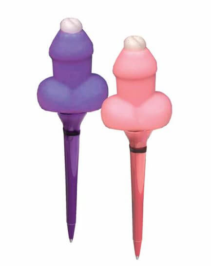 Super Fun Bubble Blowing Penis Pen 12-Piece Display featuring pink and purple novelty bubble pens
