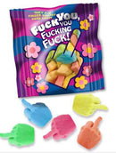 Fuck You You Fucking Fuck Candy 25 Packs featuring colorful middle-finger shaped hard candies in a vibrant package.