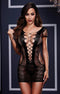 Black lace mini dress with corset front, fishnet detailing, and cap sleeves for a seductive and elegant look.