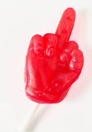Fucks I Have to Give Suckers 30 Pc Display, red hand-shaped lollipop with a raised finger.