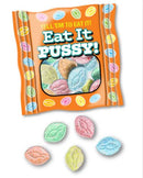 Eat it Pussy Candy Display 100 Pc with colorful tart-shaped candies in playful packaging.