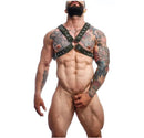 Male Basics Dngeon Classic Cross Harness Camo worn by muscular model showcasing bold style and craftsmanship.