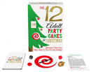 The 12 Adult Party Games Of Christmas box with cards and game pieces for holiday fun.