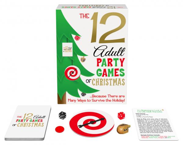 The 12 Adult Party Games Of Christmas box with cards and game pieces for holiday fun.