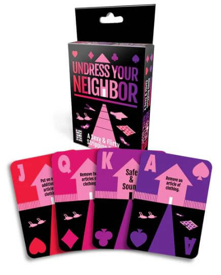 Undress Your Neighbor Card Game packaging with cards displayed for a fun and flirty game night experience.