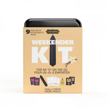 Kama Sutra Weekender Vibe Kit Vanilla packaging with mini bullet and sensual essentials for travel pleasure.