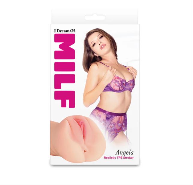 I Dream of MILF Angela Realistic Stroker Pussy Vanilla packaging with a model in lingerie