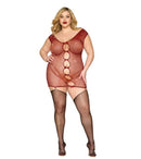 Oxblood seamless garter slip with iridescent rhinestones, satin ribbon lace-up back, and keyhole openings with bow accents, worn by model.