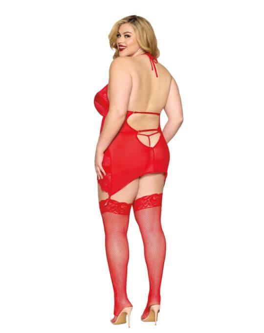 Plus size model in red garter slip and g-string set with lace, ribbon bow details, and stockings from the back.