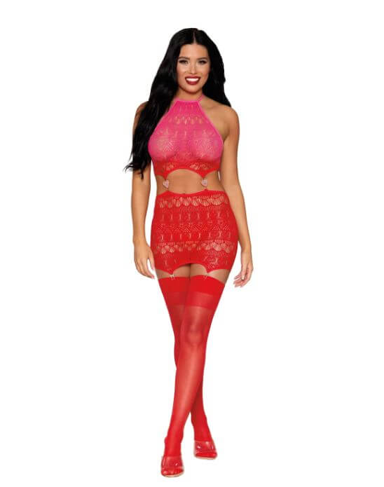 Woman wearing Poinsettia Heart Garter Slip red seamless lingerie dress with heart patterns and rhinestone details, featuring halter ties and cutout design.