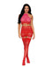 Woman wearing Poinsettia Heart Garter Slip red seamless lingerie dress with heart patterns and rhinestone details, featuring halter ties and cutout design.