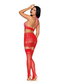 Woman wearing Poinsettia Heart Garter Slip in red, lingerie dress with garter and stockings, showing back view and adjustable halter ties.