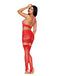 Woman wearing Poinsettia Heart Garter Slip in red, lingerie dress with garter and stockings, showing back view and adjustable halter ties.