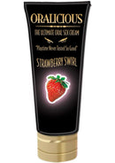 Oralicious Ultimate Oral Sex Cream Strawberry Swirl 2 Oz tube featuring a strawberry design and enticing label.