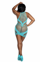 Dreamgirl Mesh and Opaque Knit Mini Dress QS showcasing a body-hugging design with sheer mesh detailing.