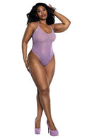 Dreamgirl Ombre Glitter Mesh Bodysuit QS in lavender color on curvy model, showcasing shimmering mesh and flattering design.