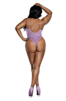 Dreamgirl Ombre Glitter Mesh Bodysuit QS showcased from the back, featuring a shimmering lavender sheer design.