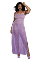 Dreamgirl Ombre Glitter Mesh Gown Purple 2 XL on a model showcasing its elegant design and shimmering material.