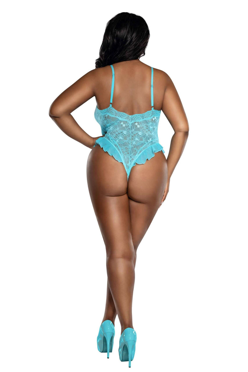 Back view of a model in the Dreamgirl Lace Teddy with Ruffles QS, showcasing elegance and sensuality.