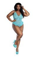 Model wearing the Dreamgirl Lace Teddy with Ruffles QS in aqua lace with ruffles and high heels.