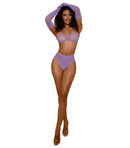 Dreamgirl Lace Seamless 3 Pc Lingerie Set Lila modeled by a model in lilac lace lingerie with gloves.