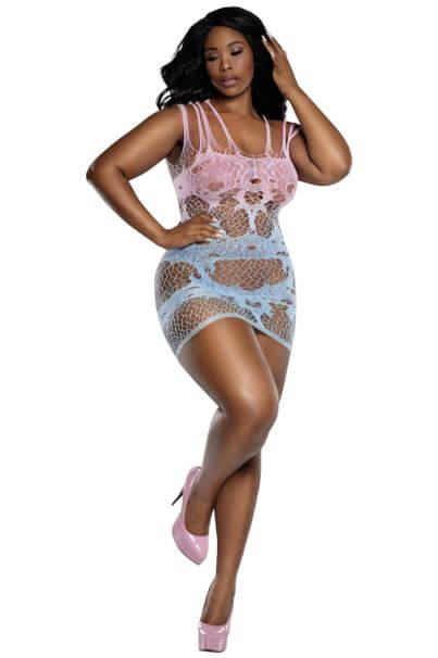 Dreamgirl Desire Mini Dress Pink Blue Queen Size showcasing bold colors and flattering silhouette on a curvy model.