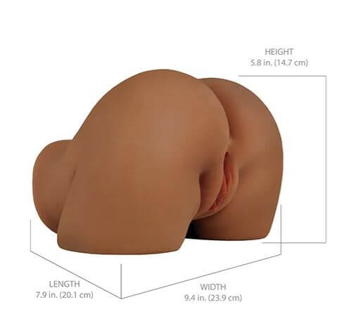 Brown PDX Elite Shake That Ass Vibrating Mega Masturbator showing dual-orifice design with size dimensions.