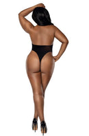 Dreamgirl Easy Teddy Fishnet Peek a Boo Black QS shown from the back, highlighting its flattering fit on a plus-size model.