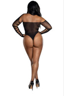 Dreamgirl Long Sleeve Bodysuit Black QS showcasing a seamless knit design with an asymmetrical neckline from the back.