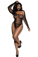 Dreamgirl Long Sleeve Bodysuit Black QS showcasing a model in a sheer black bodysuit with long sleeves.