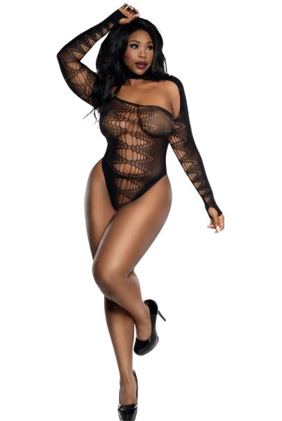 Dreamgirl Long Sleeve Bodysuit Black QS showcasing a model in a sheer black bodysuit with long sleeves.