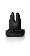 Jimmy Jane Form 2 Rechargeable Vibrator Black on its charging base, showcasing dual motors for clitoral stimulation.