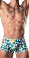 Man wearing geometric patterned blue and yellow cutout shorts.