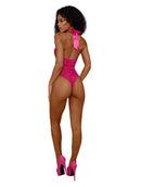 Back view of a model in Dreamgirl Tiana Lace Teddy Satin Tie S M, showcasing lace detail and a satin tie in vibrant pink.