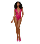 Dreamgirl Tiana Lace Teddy Satin Tie S M in vibrant pink lace with satin tie and high heels.