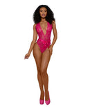 Dreamgirl Tiana Lace Teddy Satin Tie L XL in vibrant pink featuring sheer lace and satin accents.