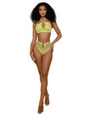 Dreamgirl Situation Net 2 Pc Lingerie Set Neon Yellow OS modeled by a woman showcasing its bold, body-contouring design.