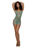 Dreamgirl Shine Bright Sultry Mini Dress with Thongs L XL in shimmering green mesh, highlighting curves elegantly.