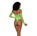Back view of a model wearing the Dreamgirl Rhinestone Off Shoulder Bodystocking Neon Lime with shimmering details.