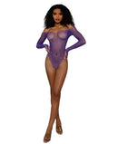 Dreamgirl Rhinestone Off Shoulder Bodystocking Ultra Violet worn by a model showcasing its shimmering design and flattering fit.
